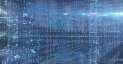 Image of binary coding data processing over screens of mosaic squares against Illustrazione stock