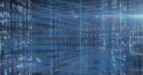 Image of binary coding data processing over screens of mosaic squares against Illustrazione stock