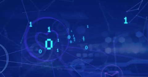 Image of binary coding, data processing and scopes on blue background Illustrazione stock