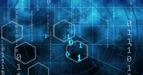 Image of binary coding, data processing over computer circuit board Stock Illustration