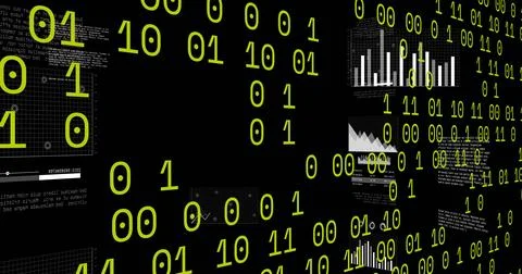 Image of binary coding data processing and statistics over black background Stock Illustration
