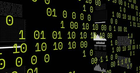 Image of binary coding data processing and statistics over black background Stock Illustration