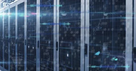 Image of binary coding data processing over computer servers Stock Illustration