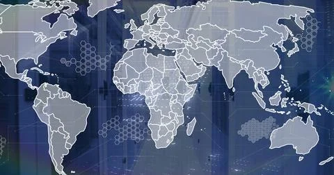 Image of binary coding data processing and world map over computer servers Illustrazione stock