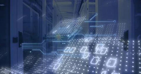 Image of binary coding data processing and circuit board over computer servers Stock Illustration