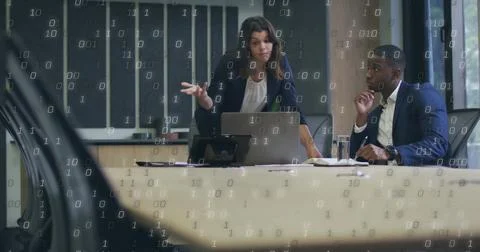 Image of binary coding data processing over diverse business people in office Stock Illustration