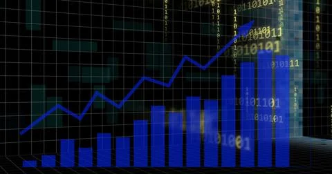 Image of binary coding, data processing and statistics over dark background 스톡 일러스트