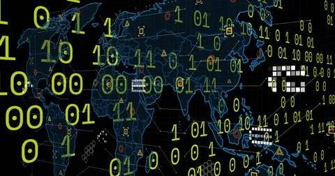 Image of binary coding, data processing over world map on black background Illustrazione stock