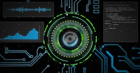 Image of binary coding data processing over circuit board 스톡 일러스트