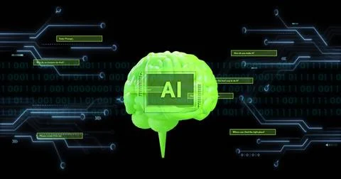 Image of binary coding data processing over ai brain Illustrazione stock