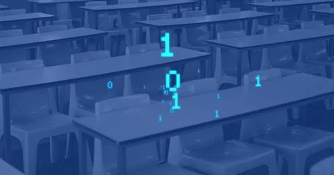 Image of binary coding data processing over desks and blue background Illustrazione stock