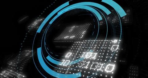 Image of binary coding data processing over scope scanning on black background 스톡 일러스트