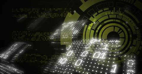 Image of binary coding data processing over scope scanning on black background Illustrazione stock