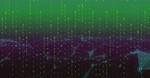 Image of binary coding data processing with glowing neon light trails Stock Illustration