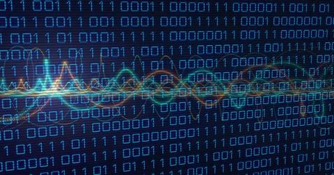 Image of binary coding data processing with glowing neon light trails Stock Illustration