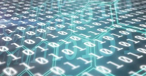 Image of binary coding data processing over network of hexagons Illustrazione stock