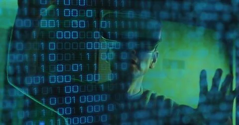 Image of binary coding data processing over asian male it engineer in vr headset Stock Photos