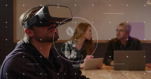 Image of binary coding data processing over diverse business people in office 스톡 사진