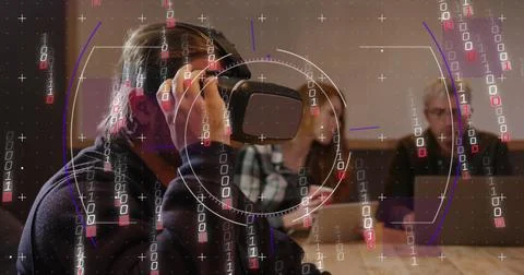 Image of binary coding data processing over diverse business people in office 스톡 사진