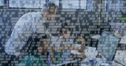 Image of binary coding data processing over diverse business people in office 스톡 사진