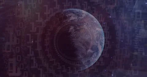 Image of binary coding data processing over globe Stock Photos