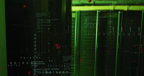 Image of binary coding data processing and symbols against computer server ro Stock Photos