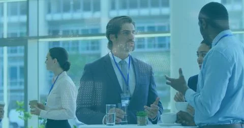 Image of binary coding data processing over diverse businesspeople discussi.. Stock Photos