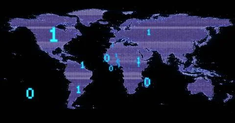 Image of binary coding data processing over world map Foto stock
