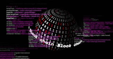 Image of binary coding data processing over globe Stock Photos