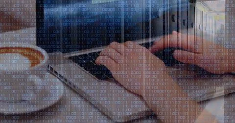 Image of binary coding data processing over mid section of a woman using laptop 스톡 사진