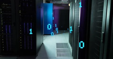 Image of binary coding data processing against computer server room Stock Photos