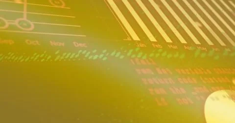 Image of binary coding data processing over glowing computer circuit board Stock Photos