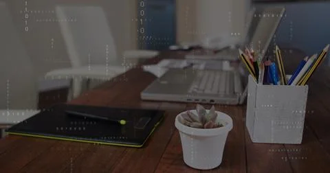 Image of binary coding data processing against close up of equipment on office Stock Photos