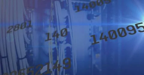 Image of binary coding data processing over server rack 스톡 사진