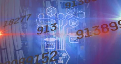 Image of binary coding data processing over server rack Stock Photos