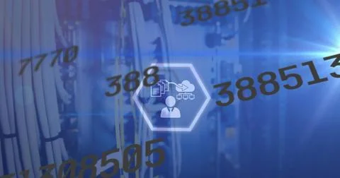 Image of binary coding data processing over server rack Stock Photos