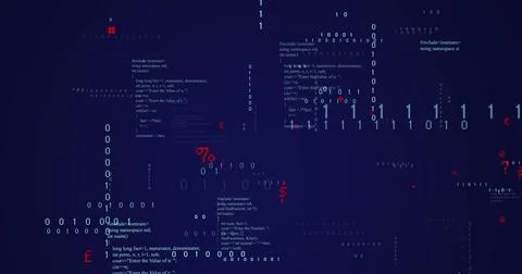 Image of binary coding data processing and symbols floating against blue Stock Photos