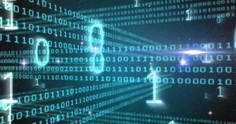 Image of binary coding data processing and light spot against blue background Stock Photos