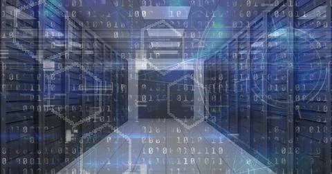 Image of binary coding data processing over computer servers in background Stock Photos