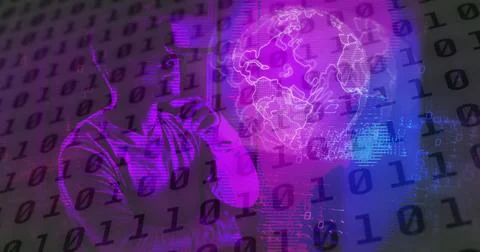 Image of binary coding data processing with african american man in vr headset Stock Photos