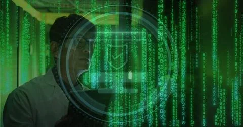 Image of binary coding data processing with asian male it technician by computer Stock Photos