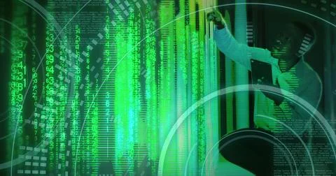 Image of binary coding data processing with african american it technician by 스톡 사진