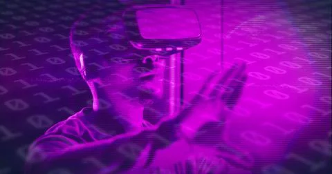 Image of binary coding data processing over african american man wearing vr 스톡 사진