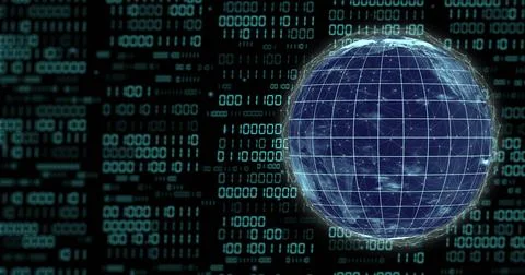 Image of binary coding data processing over globe Stock Photos