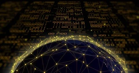 Image of binary coding data processing over globe Stock Photos