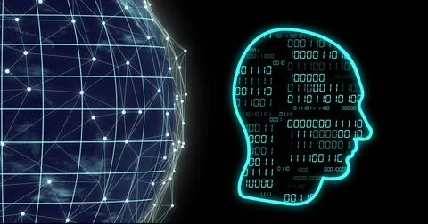 Image of binary coding data processing over head and globe Stock Photos