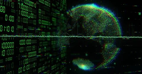 Image of binary coding data processing over globe Stock Photos