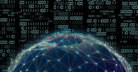 Image of binary coding data processing over globe Stock Photos