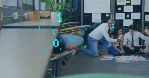 Image of binary coding data processing over diverse business people in office Stock Photos