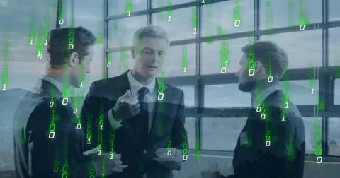 Image of binary coding data processing over diverse business people in office Stock Photos
